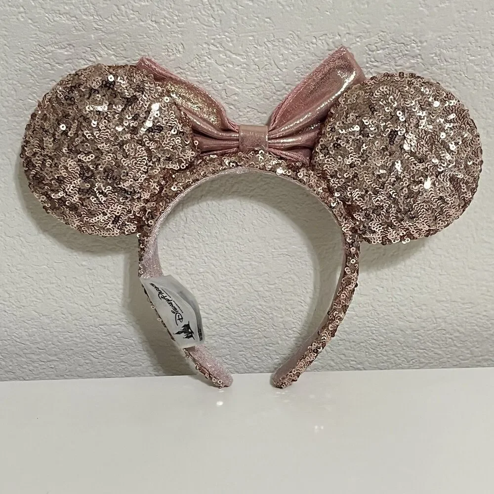 Disney Parks Minnie Mouse Ears Rose Gold Champagne Bow Sequin Headband